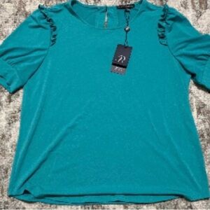 Adrianna Papell Teal Ruffle Sleeve Blouse Size Medium NWT